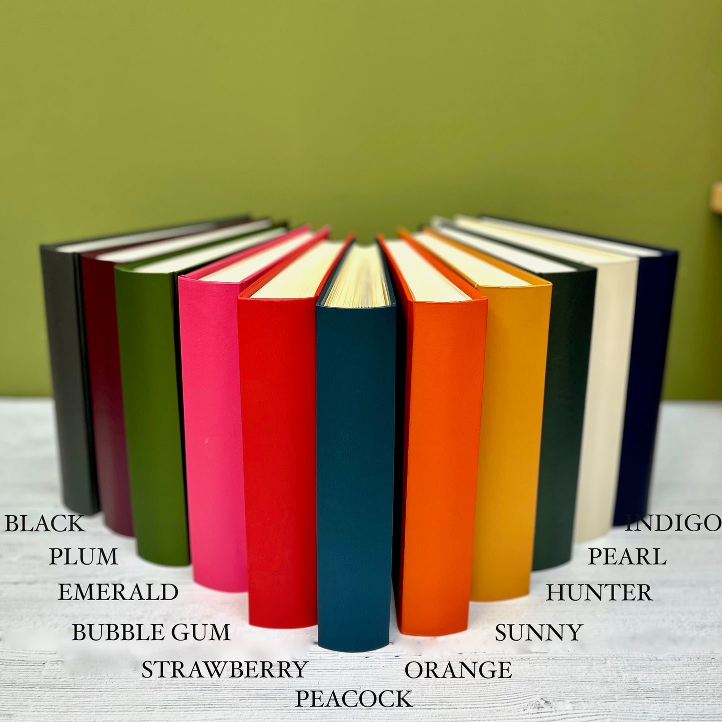 A display of eleven landscape books, arranged in a fan shape, showcasing different colours.