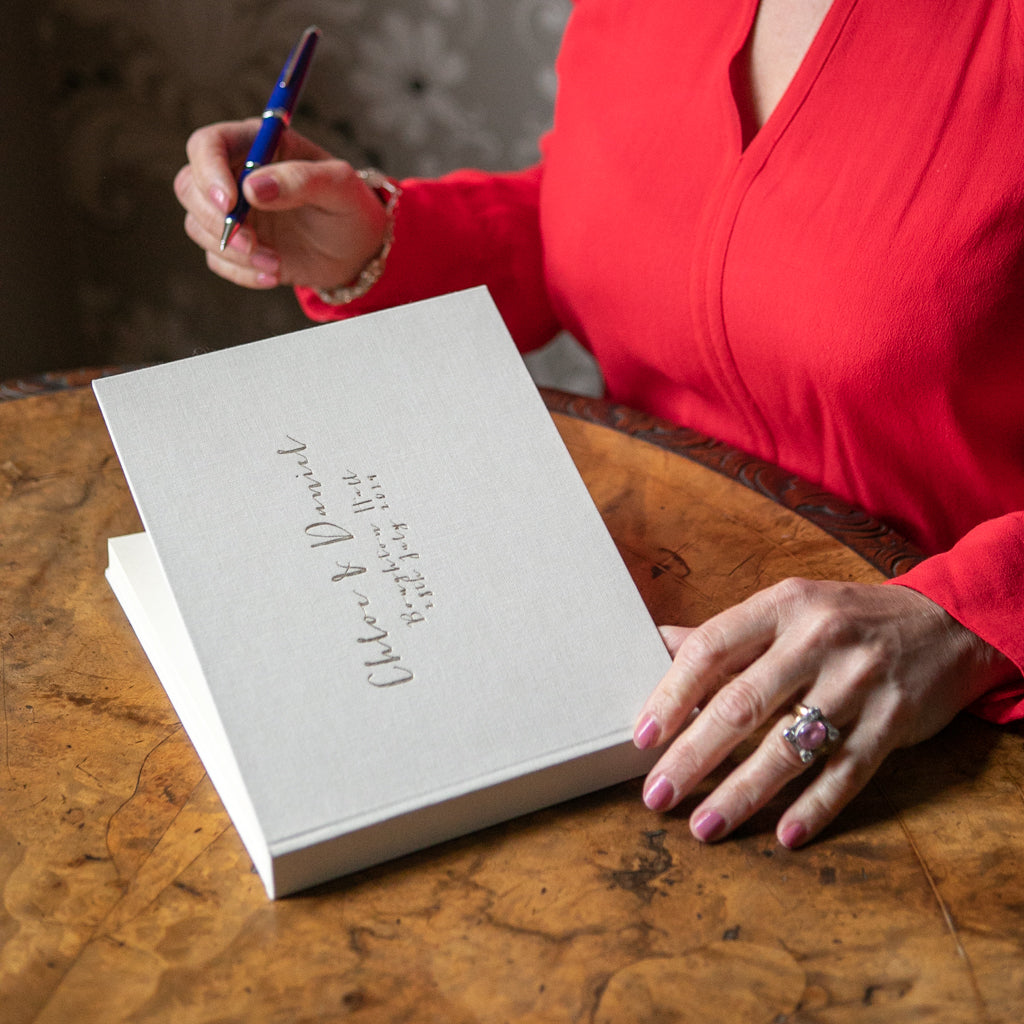 Traditionally Bound Linen Guest Book: Calligraphy Font