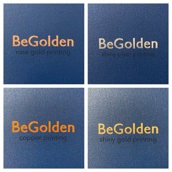 a grid shows four colours for the hotfoil printing - gold, silver, rose gold and copper