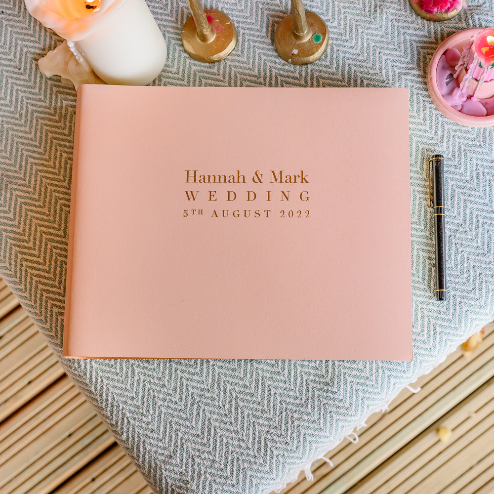 
                      
                        Rose pink wedding photo album resting on a table
                      
                    