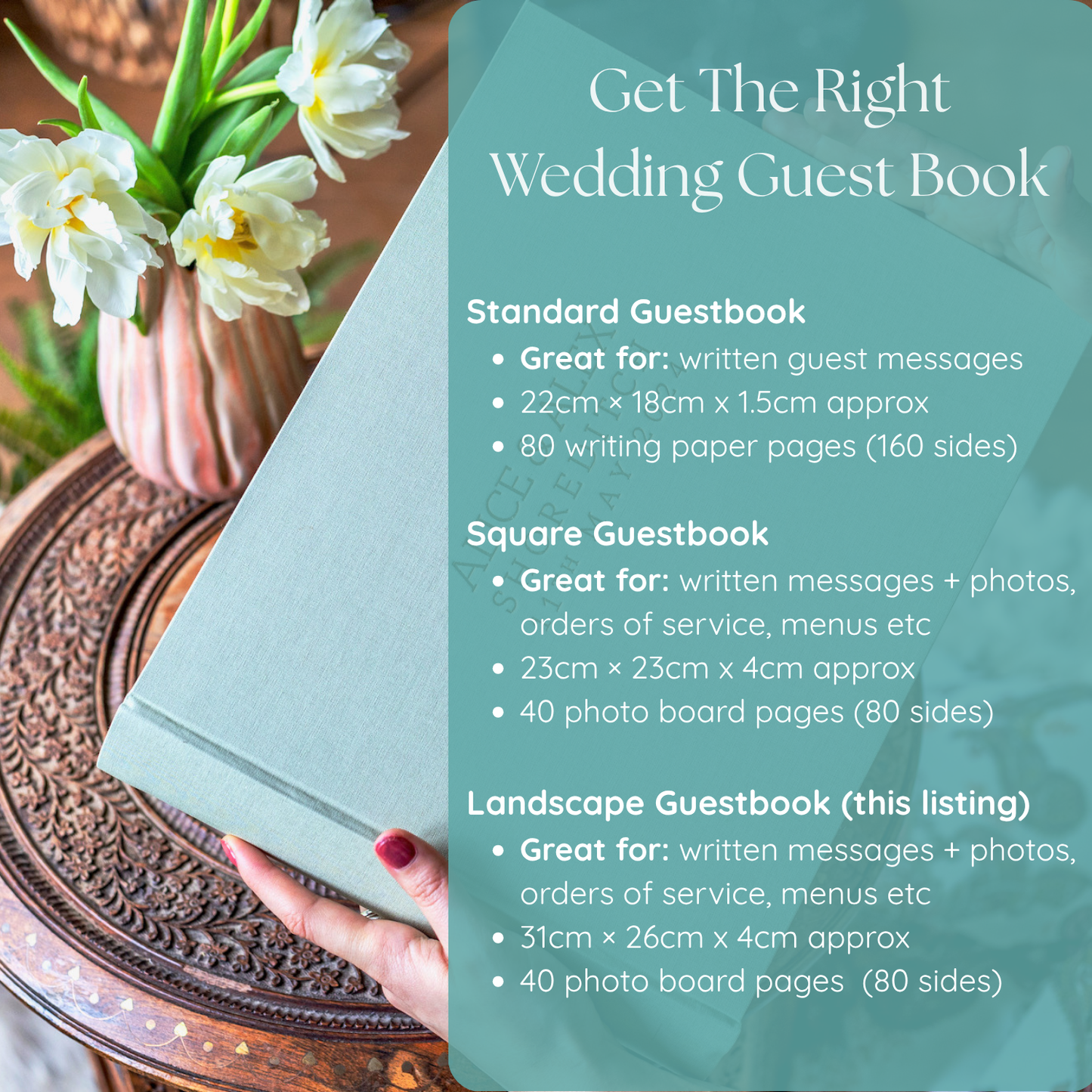 A pale green wedding guest book held by a hand over a carved wooden table with white tulips, overlaid with text comparing standard, square, and landscape guest book sizes and page counts.