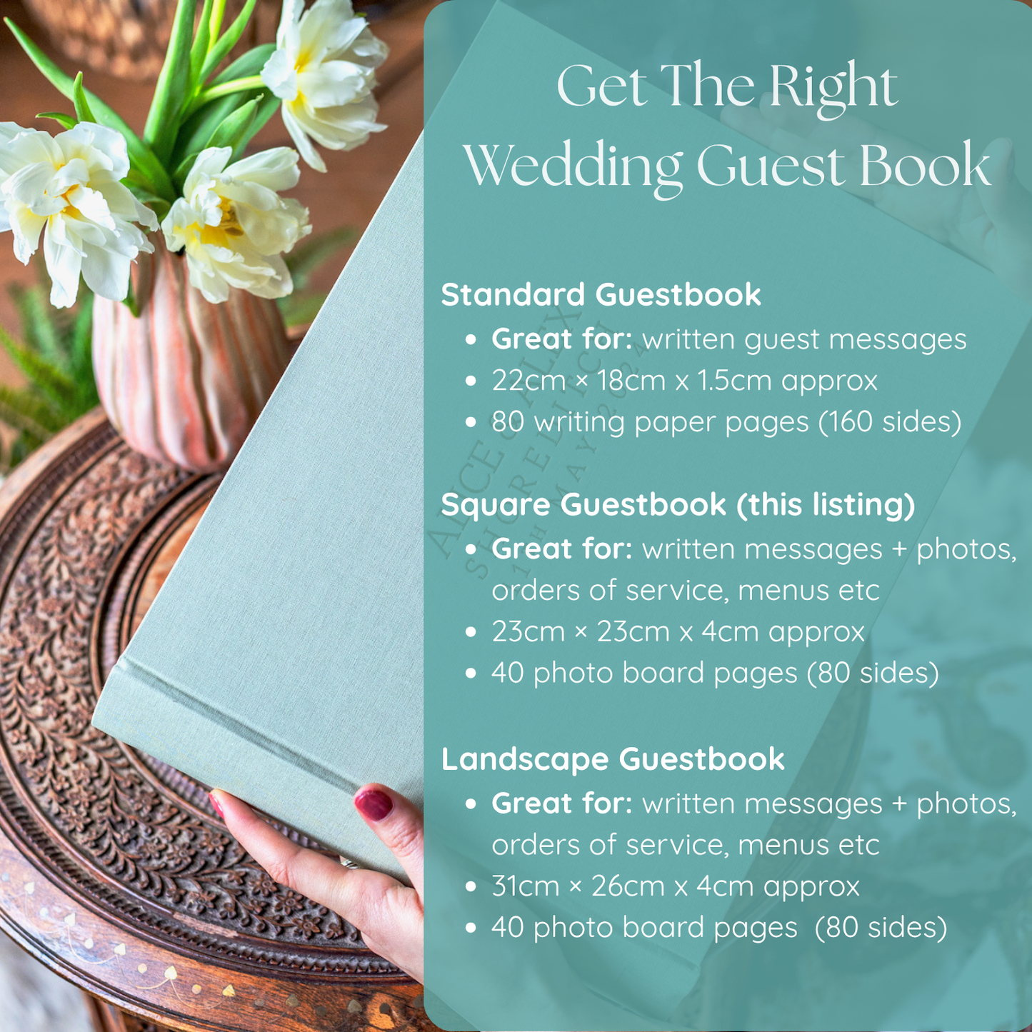 A pale green wedding guest book held in a hand, shown with overlaid text comparing standard, square, and landscape guestbook sizes and page counts. A vase of white tulips sits on a carved wooden table in the background.