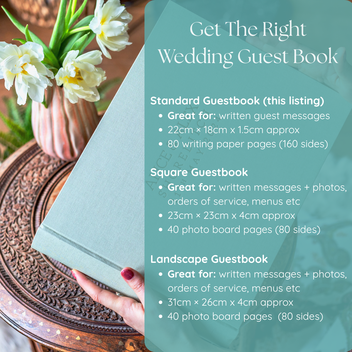 A hand holds a pale green wedding guest book with an overlaid panel showing size and page details for standard, square, and landscape formats. White tulips in a pink vase sit on a carved wooden table in the background.