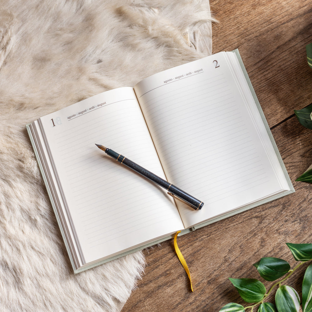 Open linen-bound diary showing 1-day-to-view page