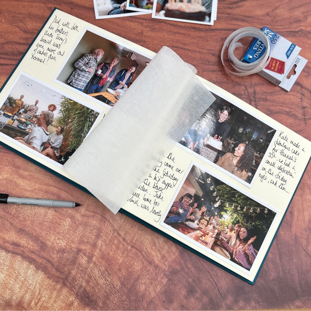 
                      
                        Open photo album with family photos and text on a wooden surface
                      
                    