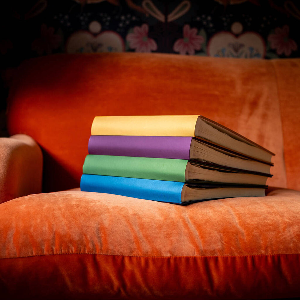 
                      
                        A pile of four photo albums are stacked up on top of each other. They are all in different colours blue, green, dark red and yellow. They are stacked up on an orange velvet sofa.
                      
                    