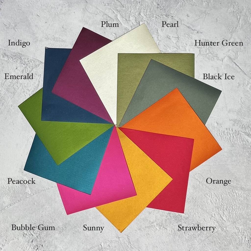 on a grey background there are several squares of brightly coloured pieces of paper. Each square has been named.