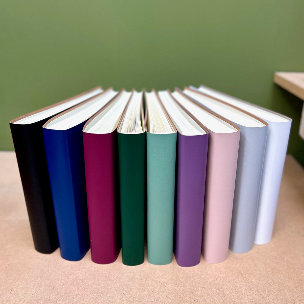 
                      
                        There are nine albums all in different colours lined up next to one another, creating a fan shape. 
                      
                    