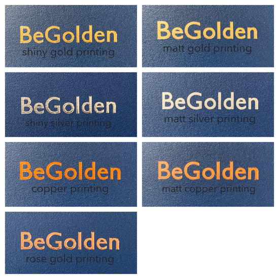 the word begolden has been printed in seven different foil colours so you can choose the printing colour for the front of your album
