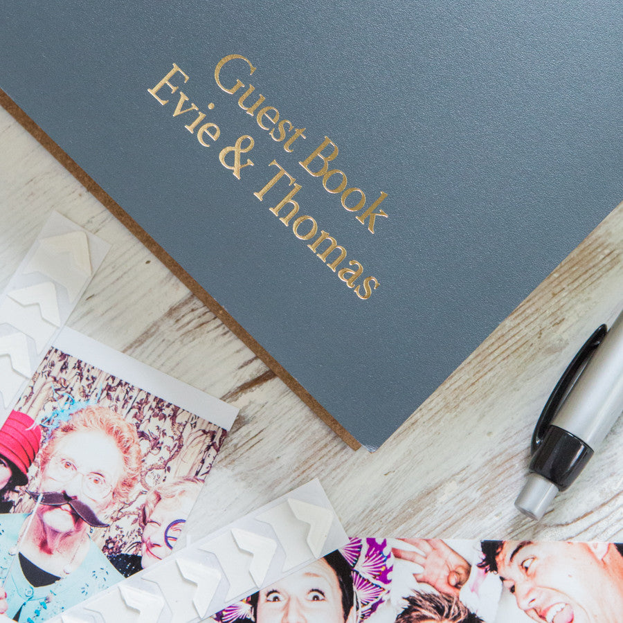 
                      
                        Large leather guest book which has been personalised in the bottom right corner with gold hot foil. 
                      
                    