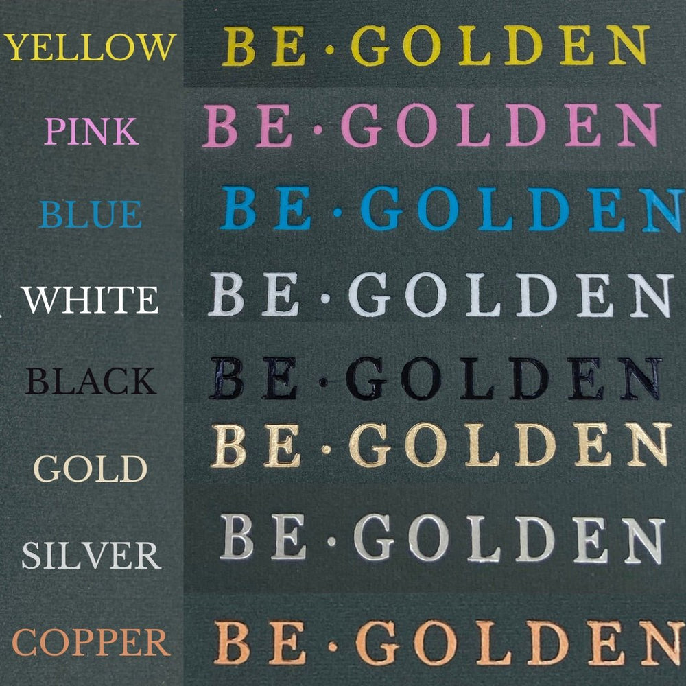 
                      
                        There is a colour chart displaying the eight different colours available for hot foil printing. 
                      
                    