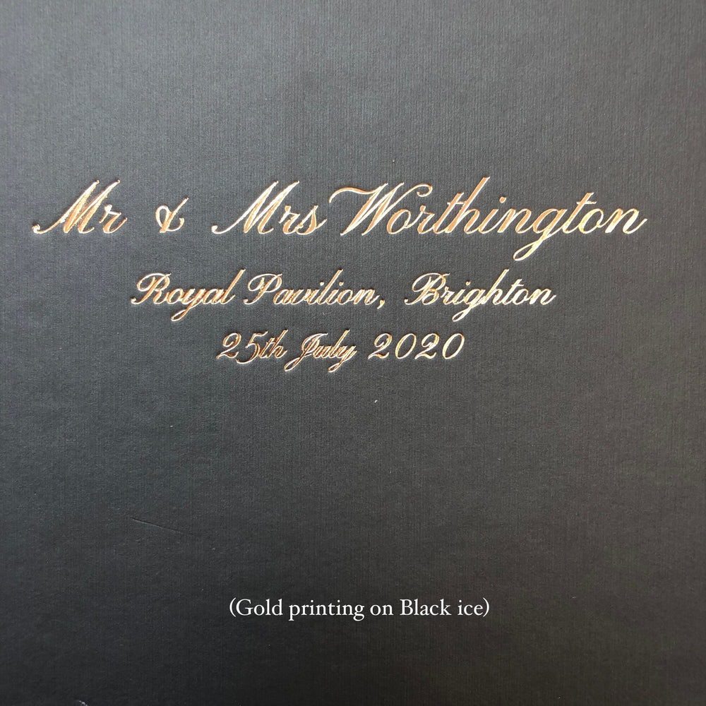 
                      
                        A wedding personalisation in gold printing on a Black ice coloured album. 
                      
                    