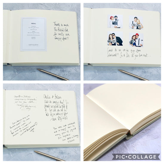 four small photos showing how you can use the begolden leavers book. It has written messages in it and photos
